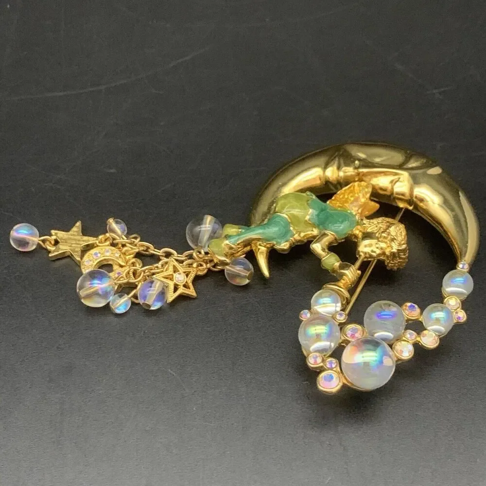 Vintage Kirks Folly Pipedream Fairy Moon Bubbles Charm Rhinestone Pin Brooch